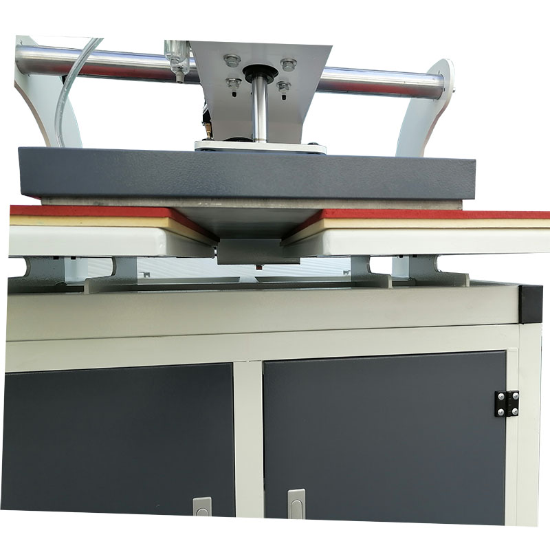 Dual worktable pneumatic heat press machine for shirts vertical board with cabinet