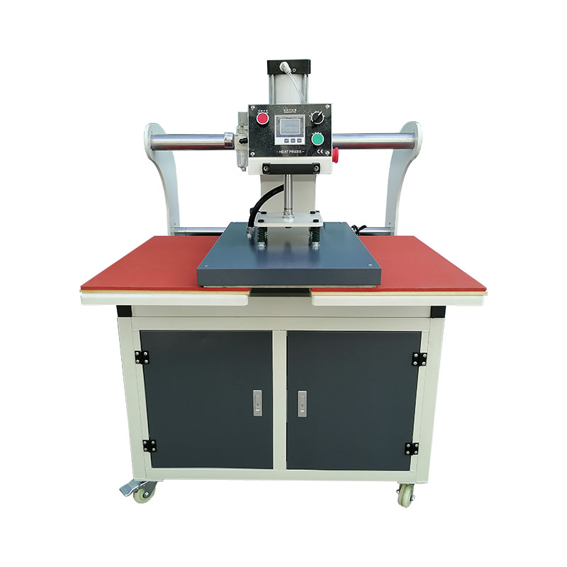 Dual worktable pneumatic heat press machine for shirts vertical board with cabinet